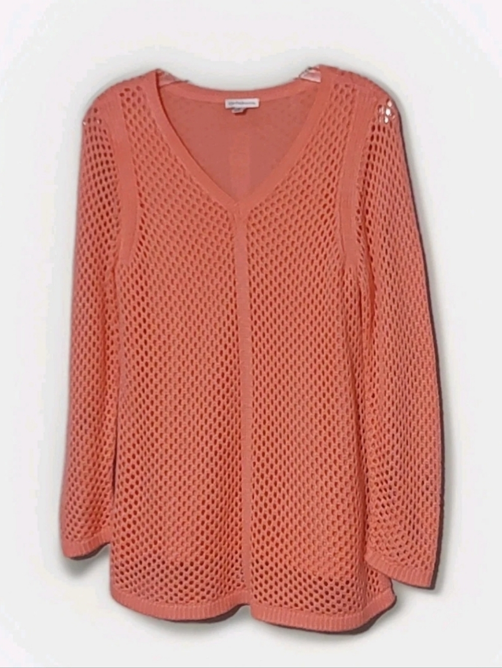 Lightweight Coral Open-Knit V-Neck Sweater
